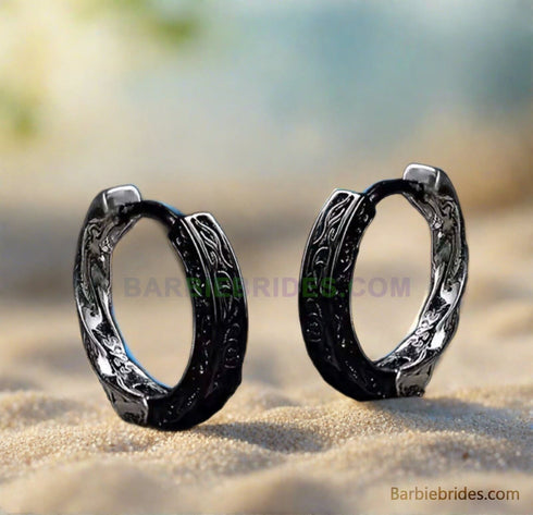 Retro Tang Grass Grain Sense Textured Black Silver Niche Men Women Hoop Earrings